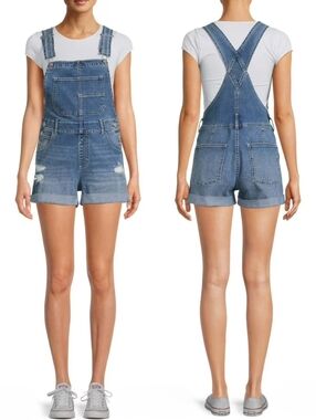 No Boundaries Light Wash Distressed Jean Short Overalls (Shortalls), Size Large